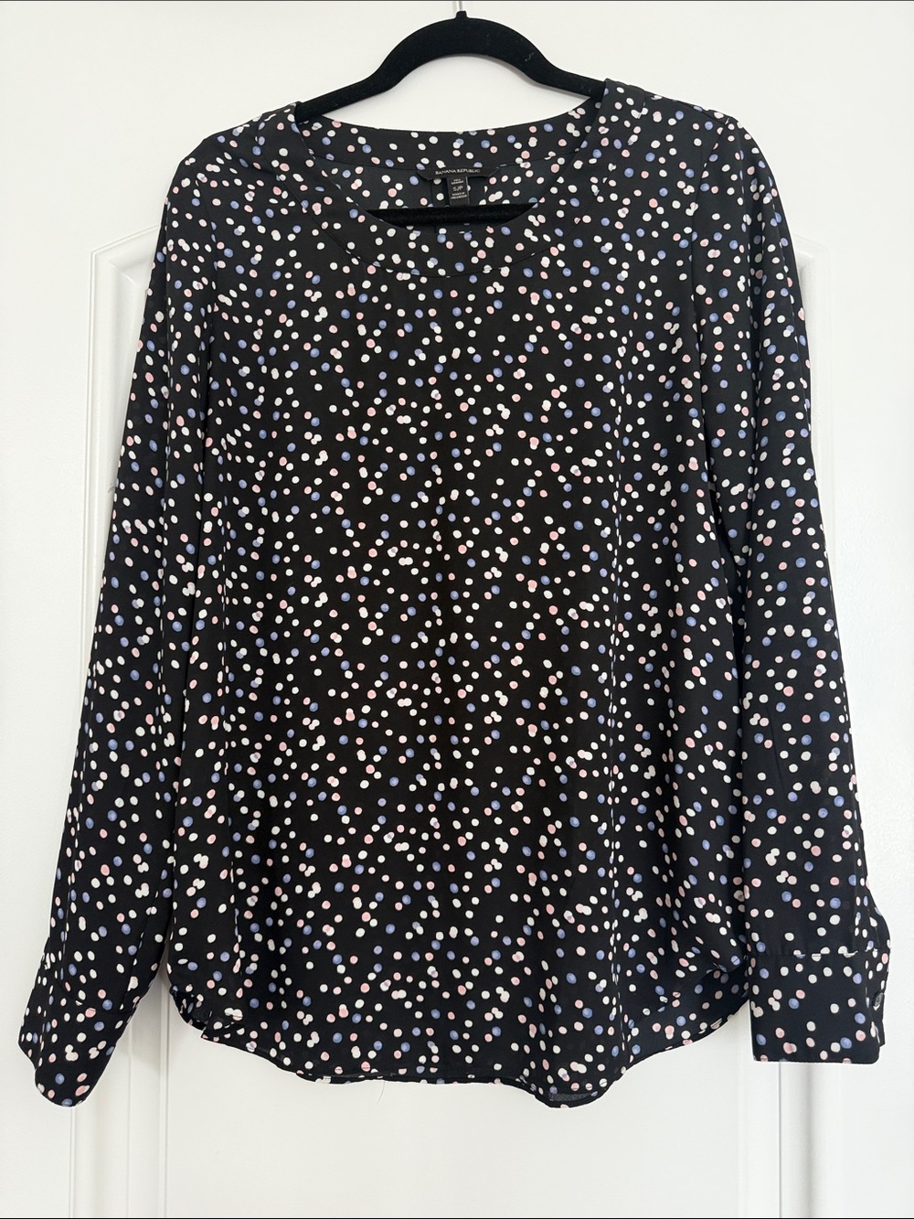 Banana Republic Black Long-Sleeve Blouse with Pink, Lavender and White Dots